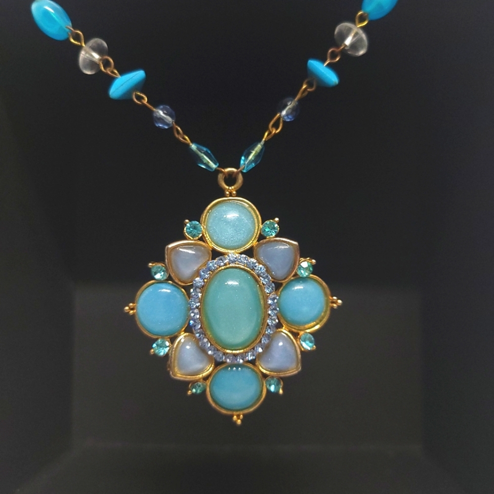 Vintage Boho Beaded Blue and Silver Pendant Necklace